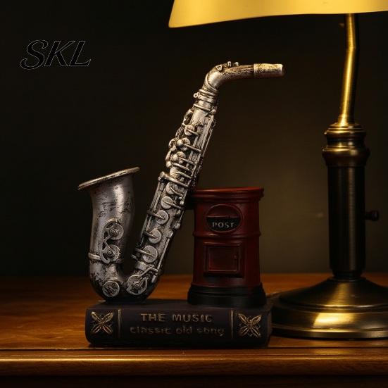 Retro Desk Decor Vintage Saxophone & Violin Pen Holder, Resin Musical Instrument Organizer, Weighted Artistic Organizer Base Pencil Stand for