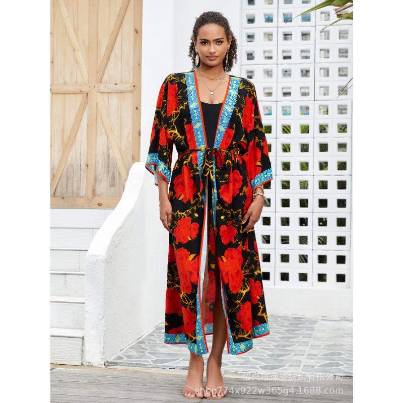 Плюс Размер Женский Пляжный Принт Кардиган Бикини Солнцезащитный Купальник С Накидкой