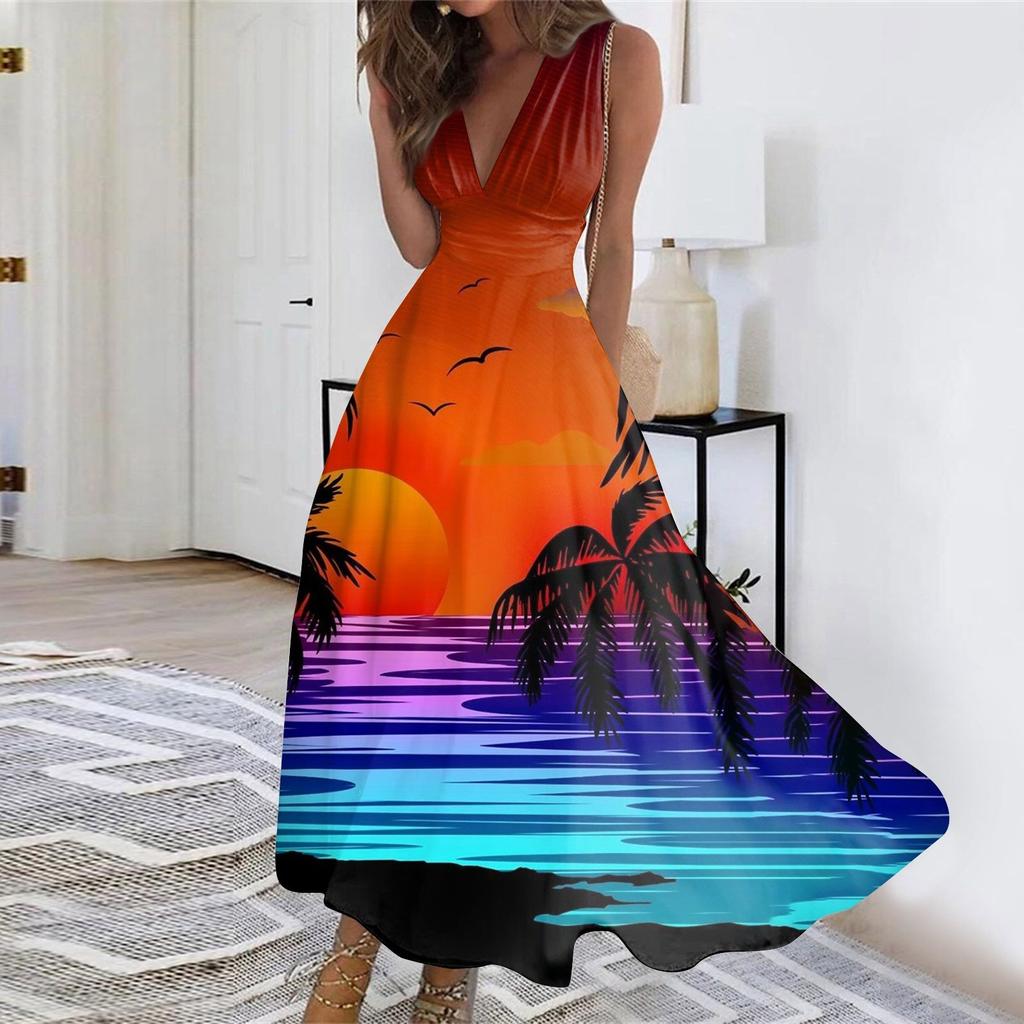 Women's Summer Fashion Hawaiian Print V-Neck Sleeveless Tunic Casual Dresses