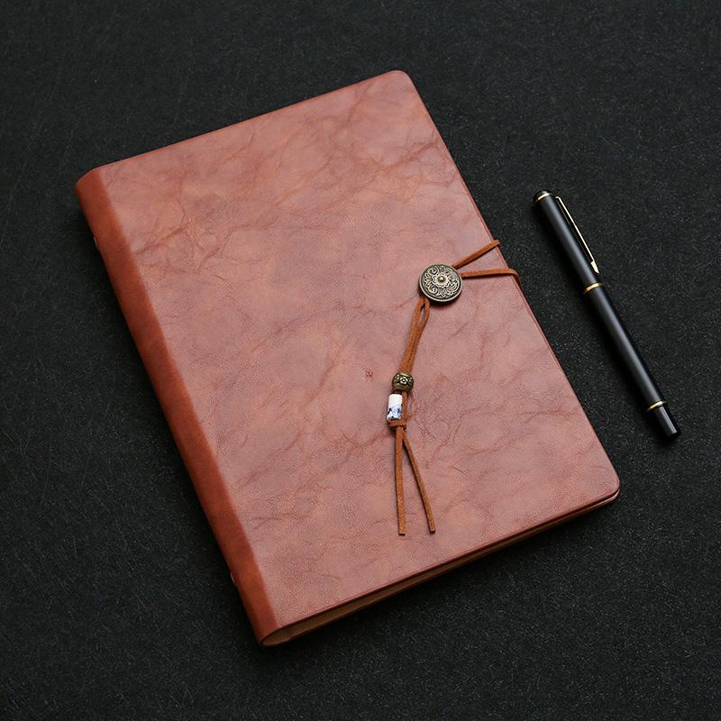 Business A6 Leather Binder Notebook Spiral Style with Saddle Stitching Blank and Lined Pages Bandage Pocket Notepad