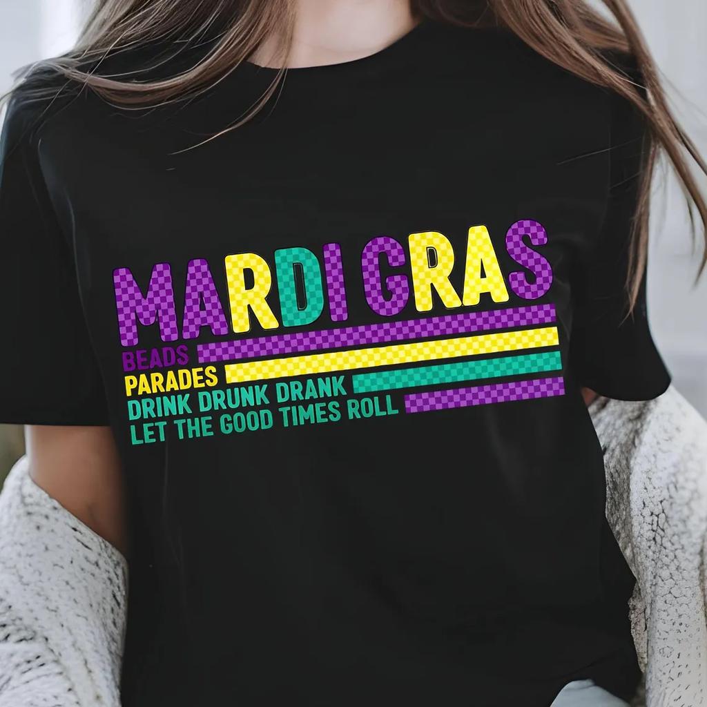 Preppy Mardi Gras Yall Print Crew Neck TShirt Casual Short Sleeve TShirt for Spring Summer Womens Clothing