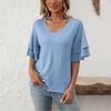 Women's Fashion Solid Color V-Neck Ruffle Sleeve Short Sleeve T-Shirt Top