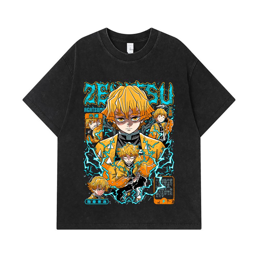 275 GSM Washed T-shirts 100% Cotton Demon Slayer V100 Zenitsu Print Unisex Heavy Cotton T Shirt