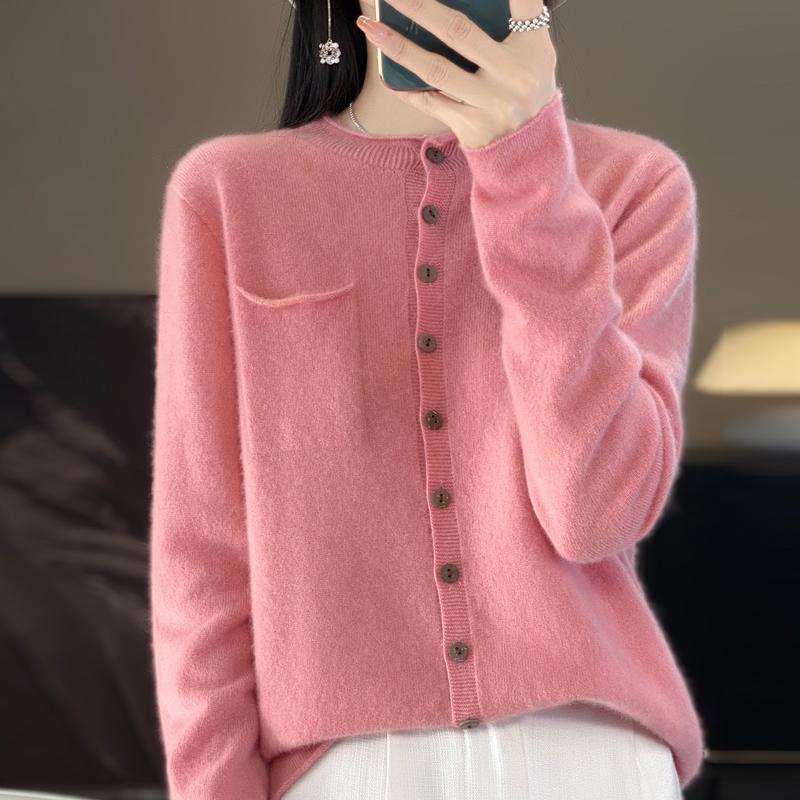 Women's Round Neck Cashmere Cardigan, Qinghe Cashmere, 30% Cashmere 70% Wool, Winter Knitted Pullover Autumn Sweater Cashmere Sweater