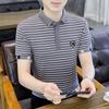 Поло в полоску контрастных цветов Летние стильные футболки с нашивками Мужская одежда Лацкан на пуговицах Повседневные футболки с коротким рукавом Новинка