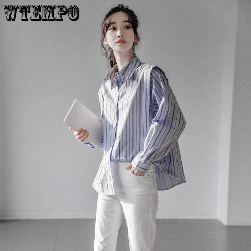Весенне-осенняя женская рубашка с длинным рукавом и вертикальными полосками, небольшой модный топ