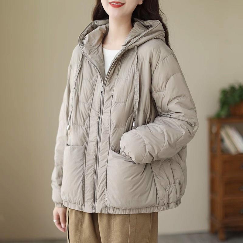 Женская легкая пуховая куртка с капюшоном - Короткое однотонное модное теплое зимнее пальто 2025