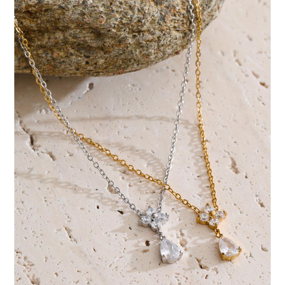 Yhpup Stainless Steel Flower Cubic Zirconia Drop Necklace Delicate Fresh Summer Collar Chic Jewelry for Women Waterproof Gift