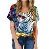 Модные весенние блузки с тигровым принтом, футболки с коротким рукавом и V-образным вырезом, повседневные