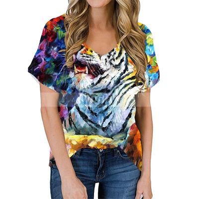 Модные весенние блузки с тигровым принтом, футболки с коротким рукавом и V-образным вырезом, повседневные