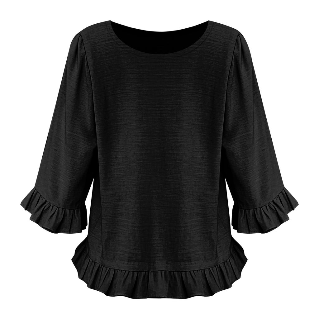 Women's Short-sleeved Round-neck Solid Color Tops Loose European And American Lace Sleeves Shirt