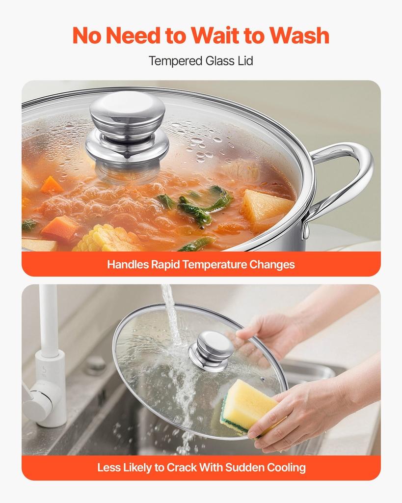 Stainless Steel Stock Pot, 11.4 L Stainless Steel Stockpot with Glass Lid, PFOA-Free, PFAS-Free, Compatible with Gas Stoves, Induction Cooktops,