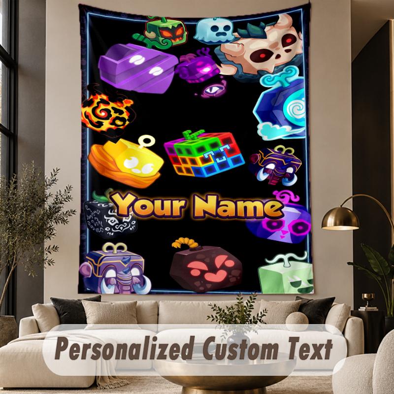 Custom Text Printed Tapestry Blox Fruits Pattern Large Wall Hanging Indoor Room Decor