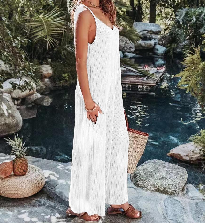 1Set Polyester Fiber Fashion Knitting Sexy Backless Solid Color Trousers Casual with The Pocket Women's Suspender Jumpsuit