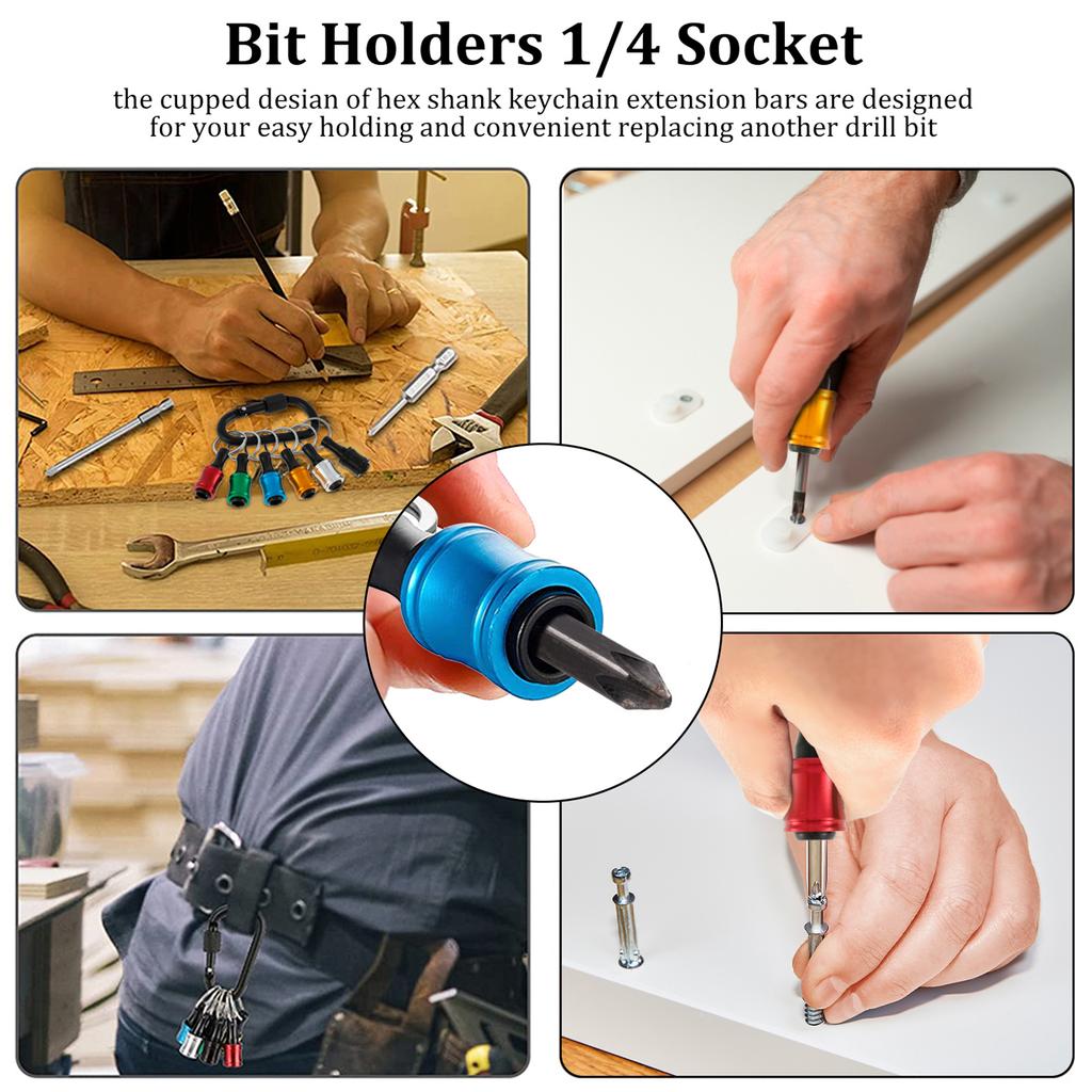 12/36Pcs Hex Shank Screwdriver Bit Holder 1/4 Inch Hex Driver Aluminum Alloy Bit Holder Keychain with 2 Carabiner Extension Bar