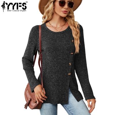 Женские модные повседневные весенне-осенние однотонные блузки и рубашки с круглым вырезом с длинными рукавами и принтом