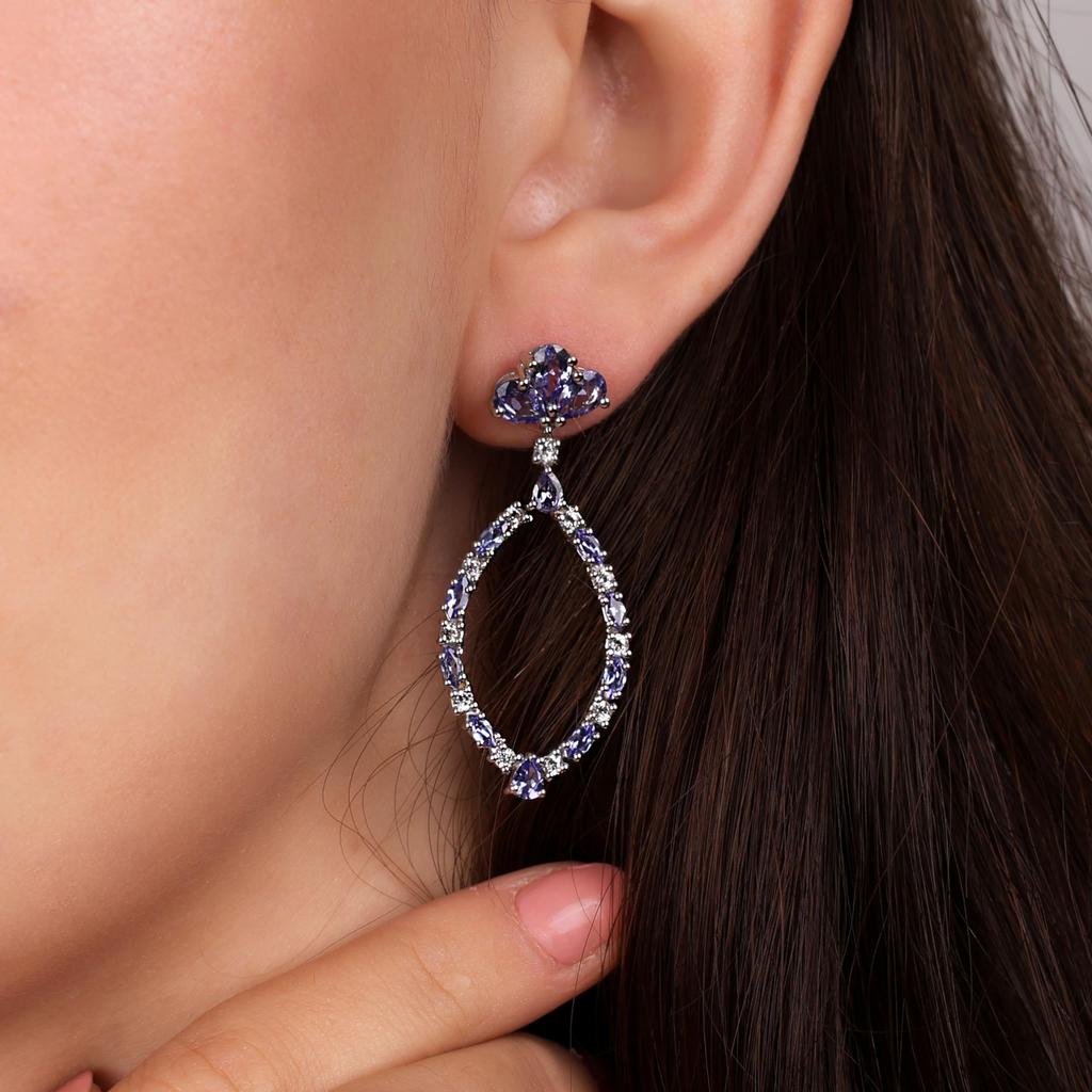 Large Statement Open Teardrop Slavender Purple Gemstone Tanzanite Leaf Chandelier Earrings for Sterling Silver Women.925