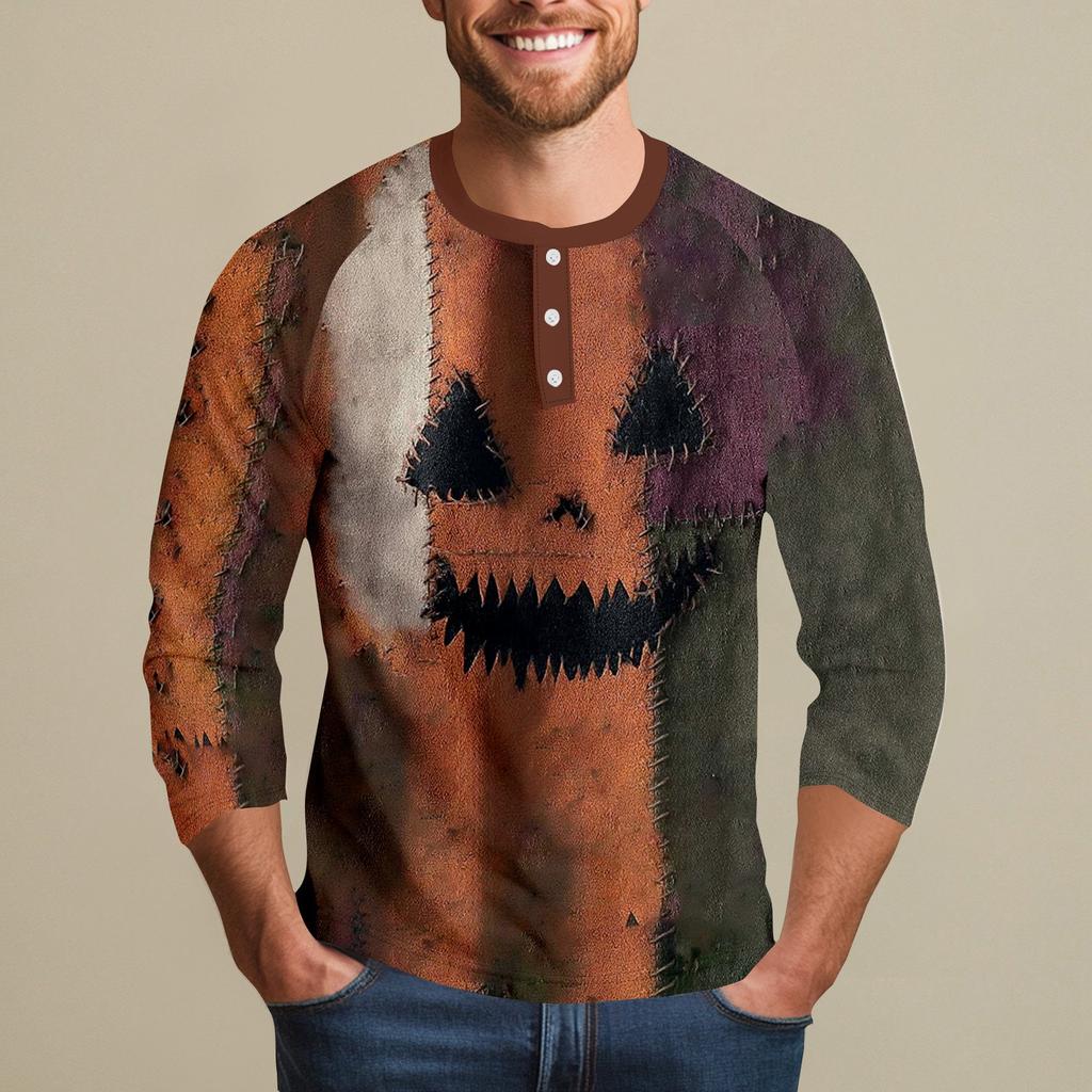 Men's Halloween Printed Collar Three-Quarter Sleeve