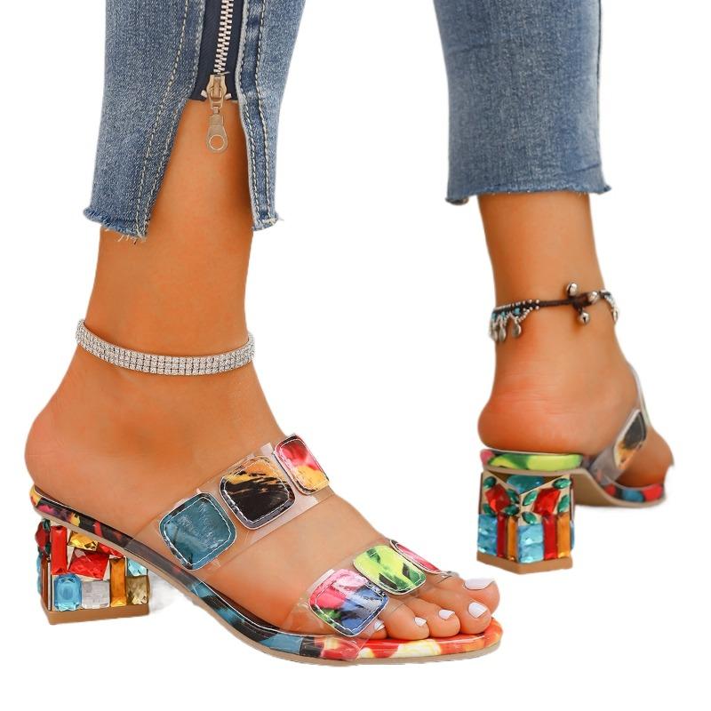 Модная обувь для женщин 2024 года, модные женские тапочки, летние разноцветные туфли с открытым носком и толстым каблуком, большой размер 43, пляжные тапочки для женщин