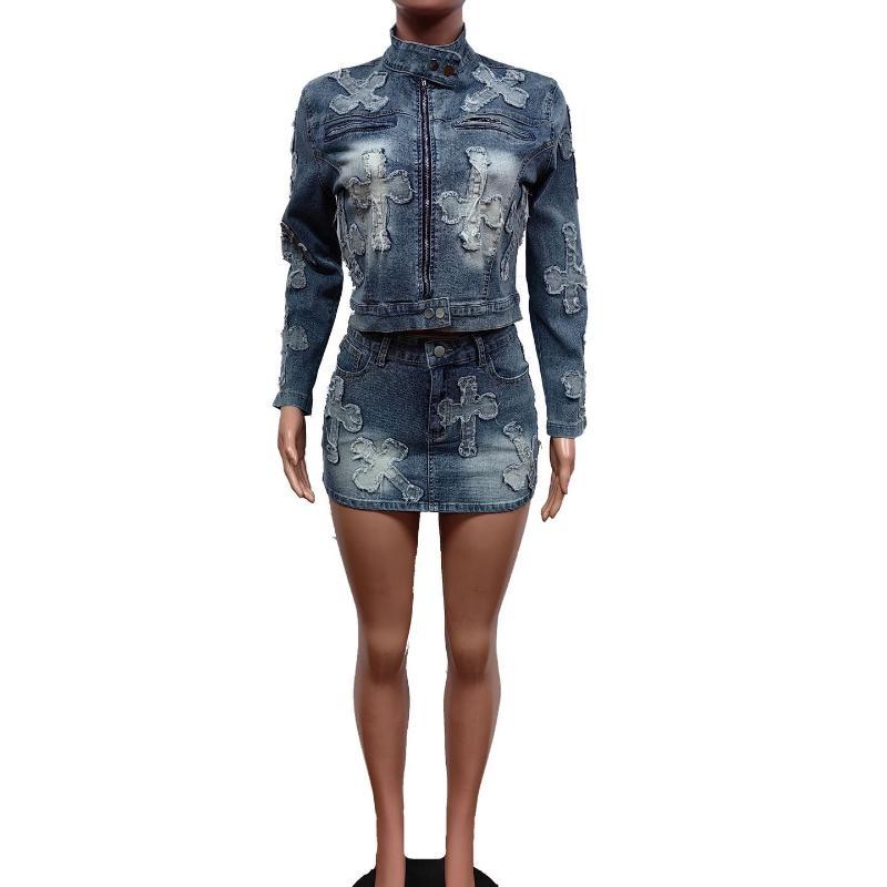Новый весенний комплект джинсовой юбки, популярные трансграничные распродажи в Европе и Америке, комплект джинсовой короткой юбки с вышивкой