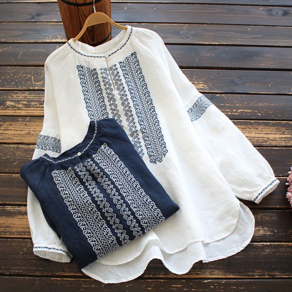 Винтажная вышивка женские блузки больших размеров однотонные с длинным рукавом этнические рубашки осенние женские повседневные свободные рубашки верхняя одежда