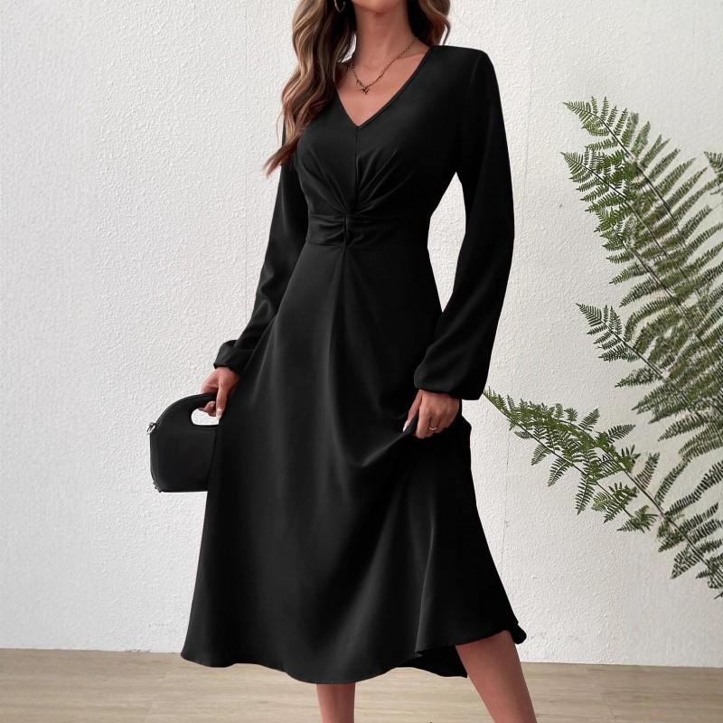 Womens V-Neck Lantern Sleeve Midi Dress A-Line Elegant Office Chic