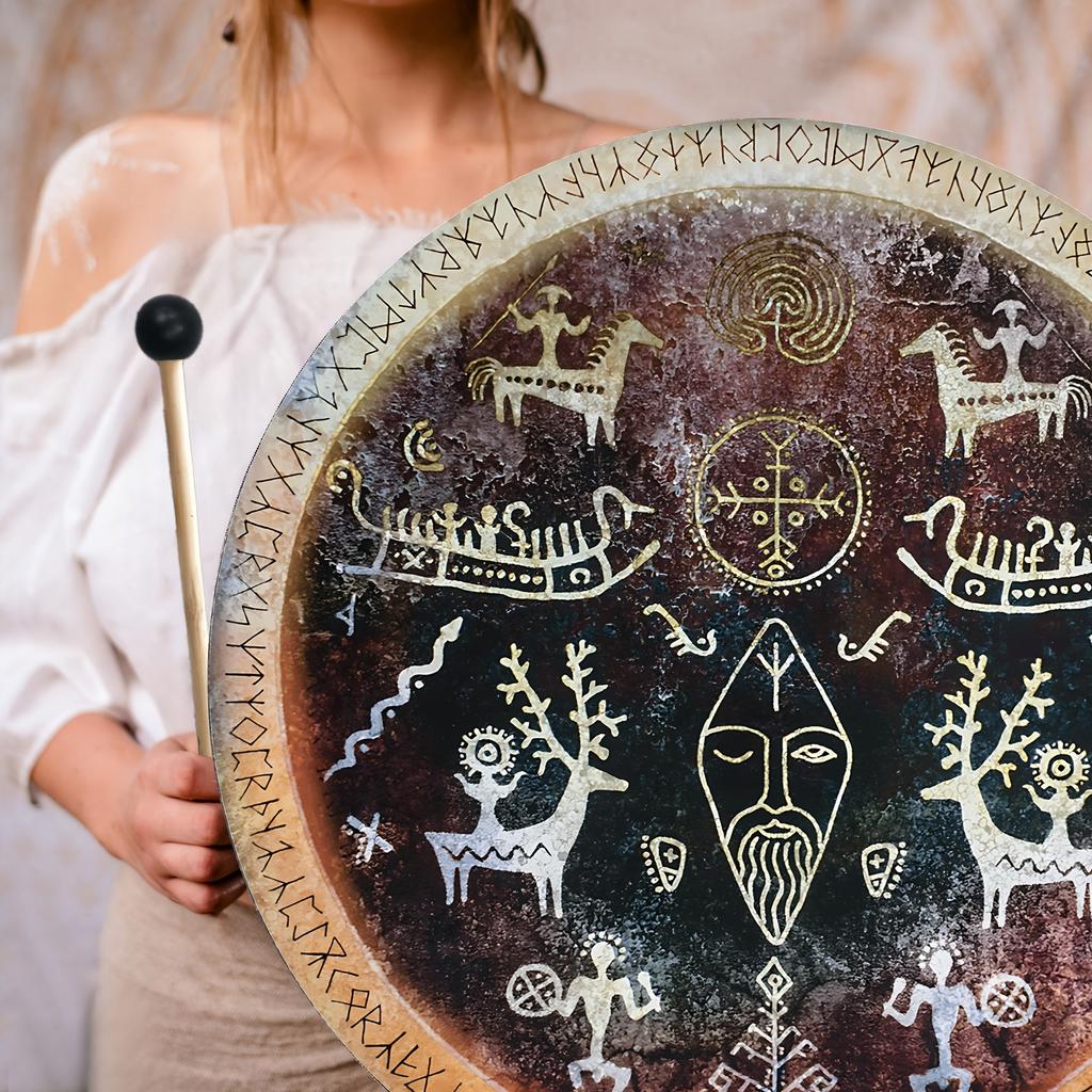 Викинги Пещерный Барабан с Ручкой Шаманское Наскальное Искусство Звуковое Исцеление Барабан Винтажный Племенной Дизайн для Медитации Исцеление Энергии Подарок