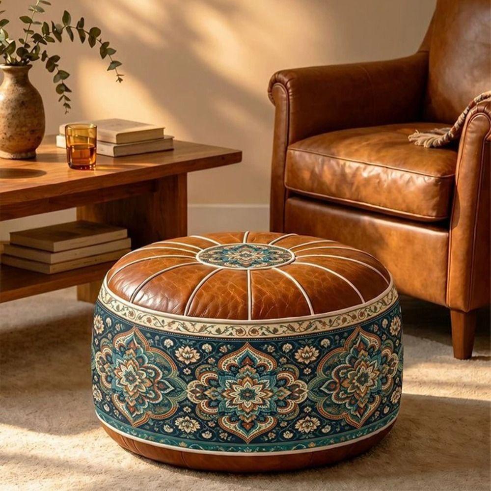Round Shape Fillable Ottoman Pouf PU Leather Floor Seat Cushion New Storage Ottoman Living Room