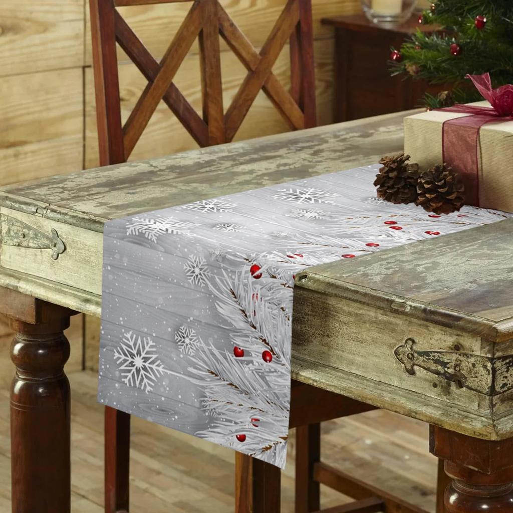 Christmas Silver Fir Leaves Snowflakes Wood Grain Linen Table Runners Kitchen Decoration Table Runner Festival Party Supplies
