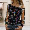 Plus Size Women Asymmetric Shoulder Long Sleeve Top Vibrant Tropical Blossom Print Mesh Lace Splicing Blouse