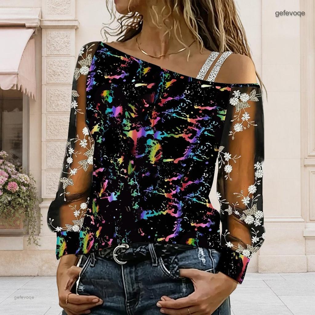 Plus Size Women Asymmetric Shoulder Long Sleeve Top Vibrant Tropical Blossom Print Mesh Lace Splicing Blouse