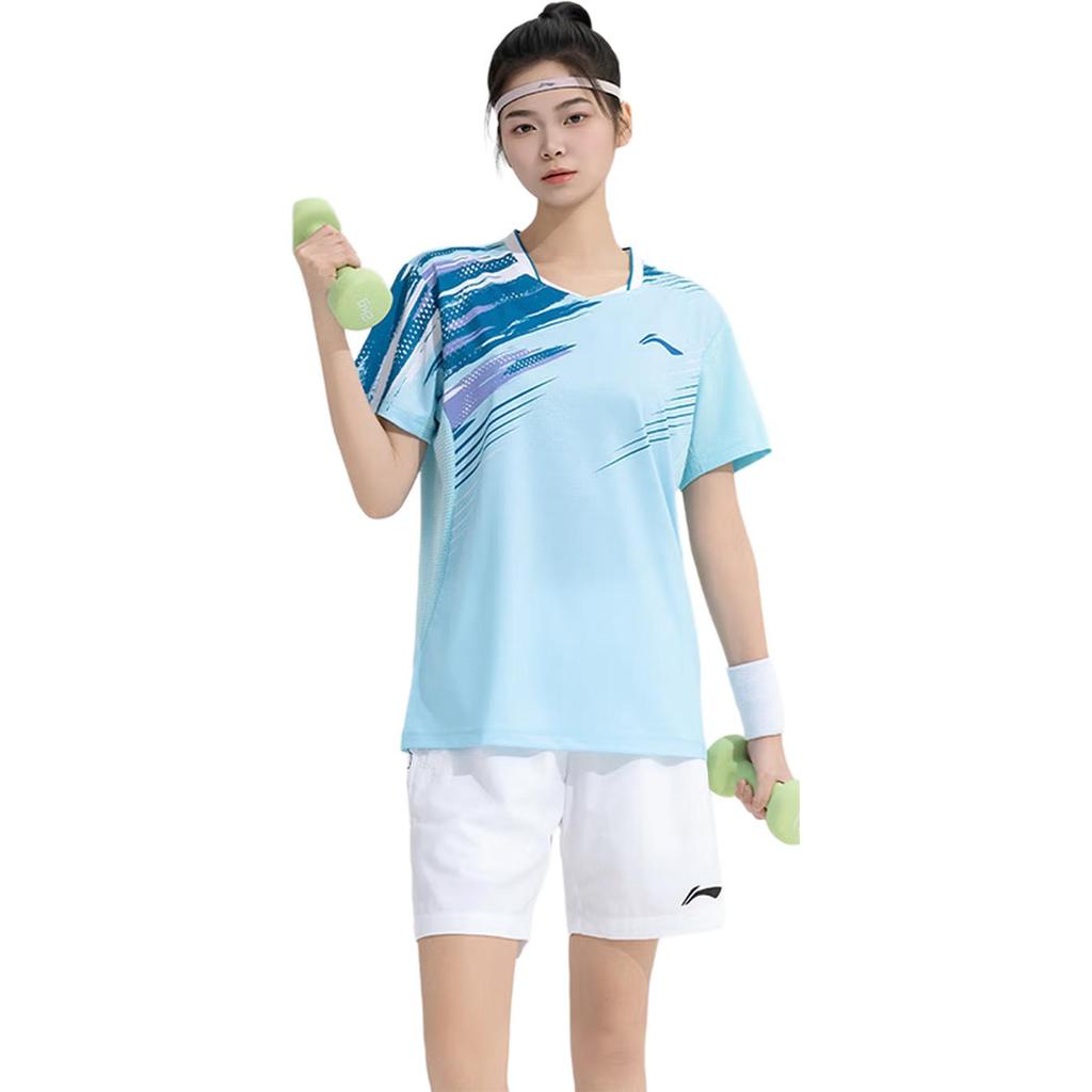 Li Ning Серия Бадминтон Граффити Принт V-образный вырез Удобная Дышащая Повседневная Футболка с коротким рукавом Унисекс Топы Ледяной-голубой AAYV025-5