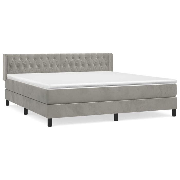 Lit avec sommier et matelas - 160x200cm - Velours gris clair - Tête de lit réglable - 2 places