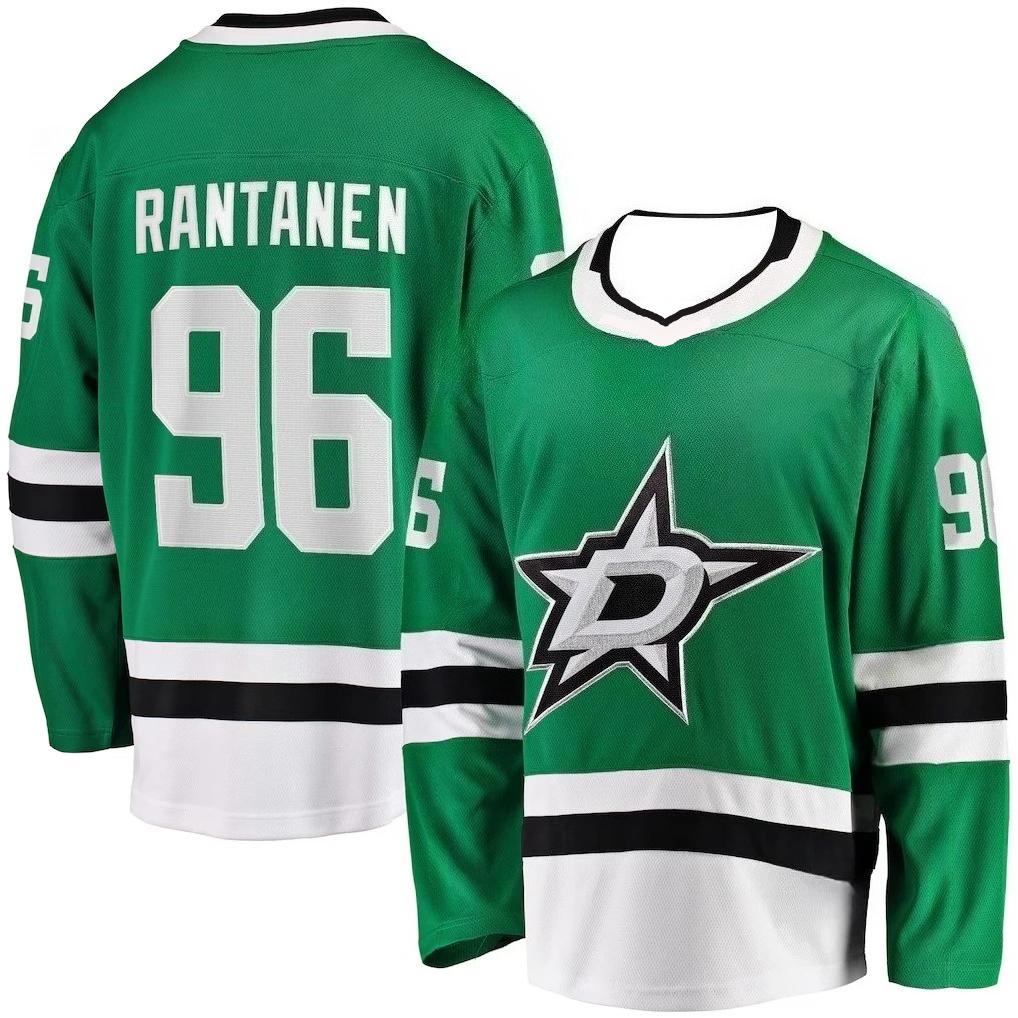Хоккейная футболка Dallas Stars Зеленая с Белыми и Черными Акцентами "Rantanen 96" Звезда Логотип "D" Дышащая Спортивная Футболка с Длинным Рукавом V-образный Вырез