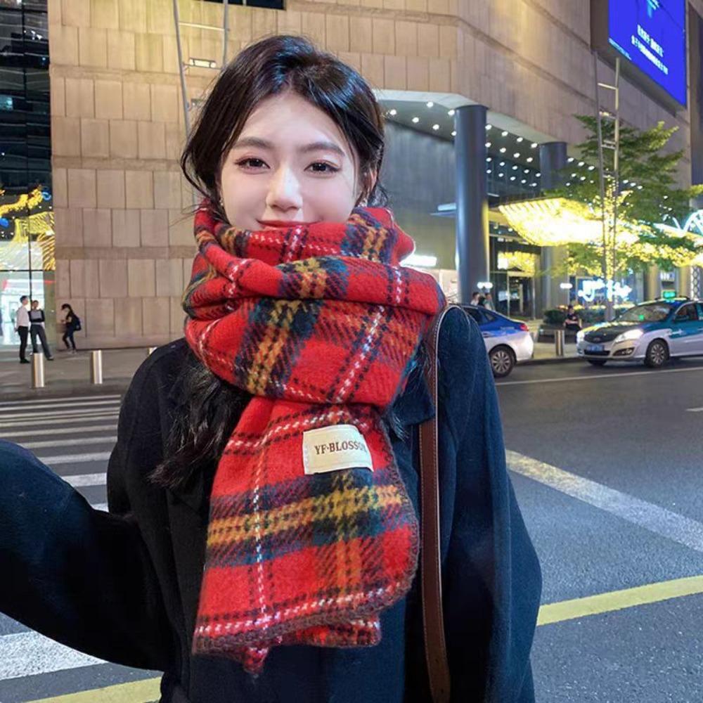 Plush Red Plaid Scarf Thick Wool Scarves Classic Cashmere Scarves Student