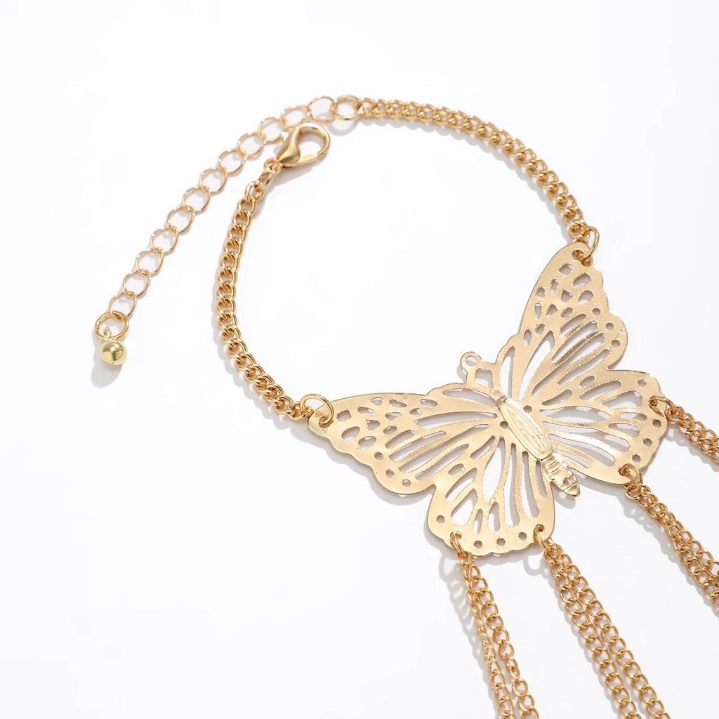 Vintage Open Hollow Finger Ring Link Chain Butterfly Bracelet for Women Punk Gold Color Cuban Chain Hand Jewelry Party