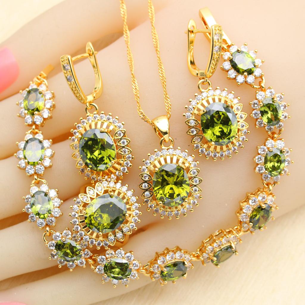 Новинки Ювелирные наборы золотого цвета для женщин Свадебный зеленый циркон Браслет Серьги Ожерелье Подвеска Кольцо Подарок