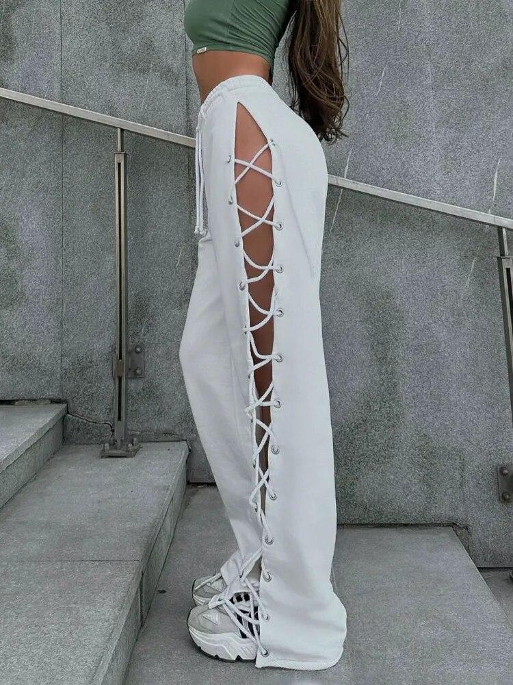 Спортивные штаны с открытыми повязками, женские брюки, однотонные свободные прямые брюки с высокой талией и боковым разрезом, женские повседневные брюки с завязками на шнурке