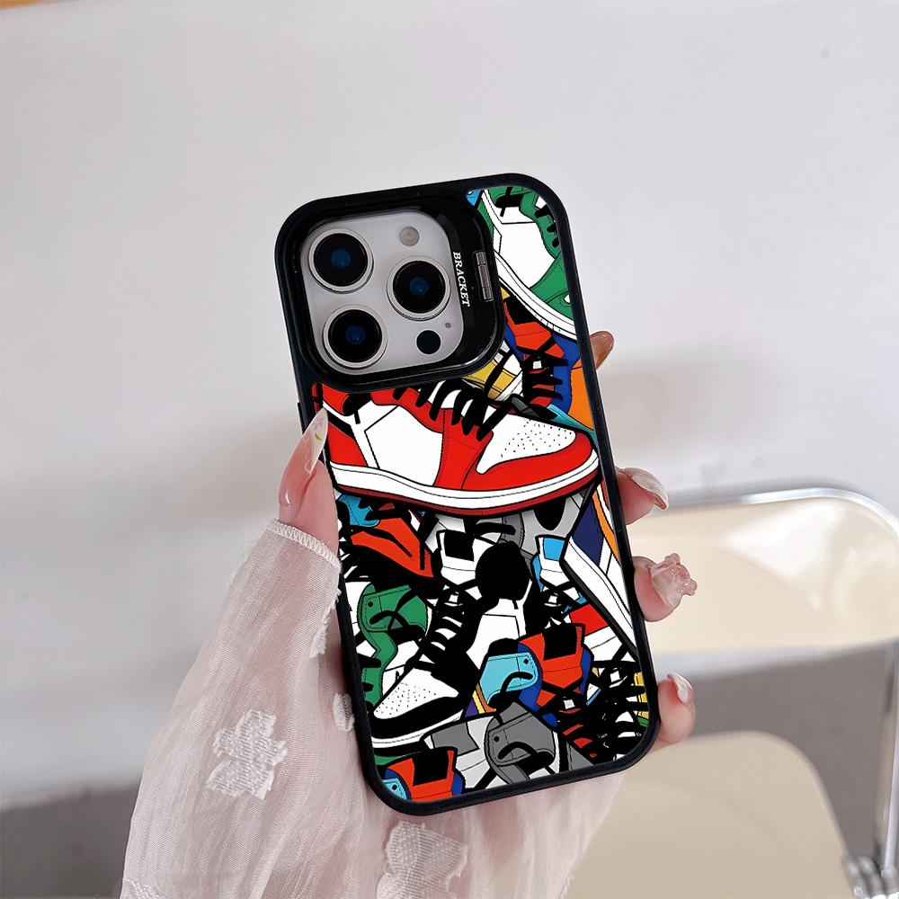 Trendy shoe patterns Acrylic hard shell For iPhone 17pro 15 Pro Max 11 12 13pro Multi functional lens phone holder phone case