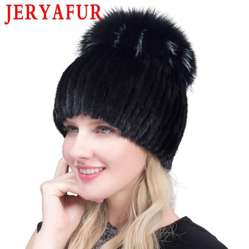 JERYAFUR Вязаная женская шапка с мехом норки пэчворк