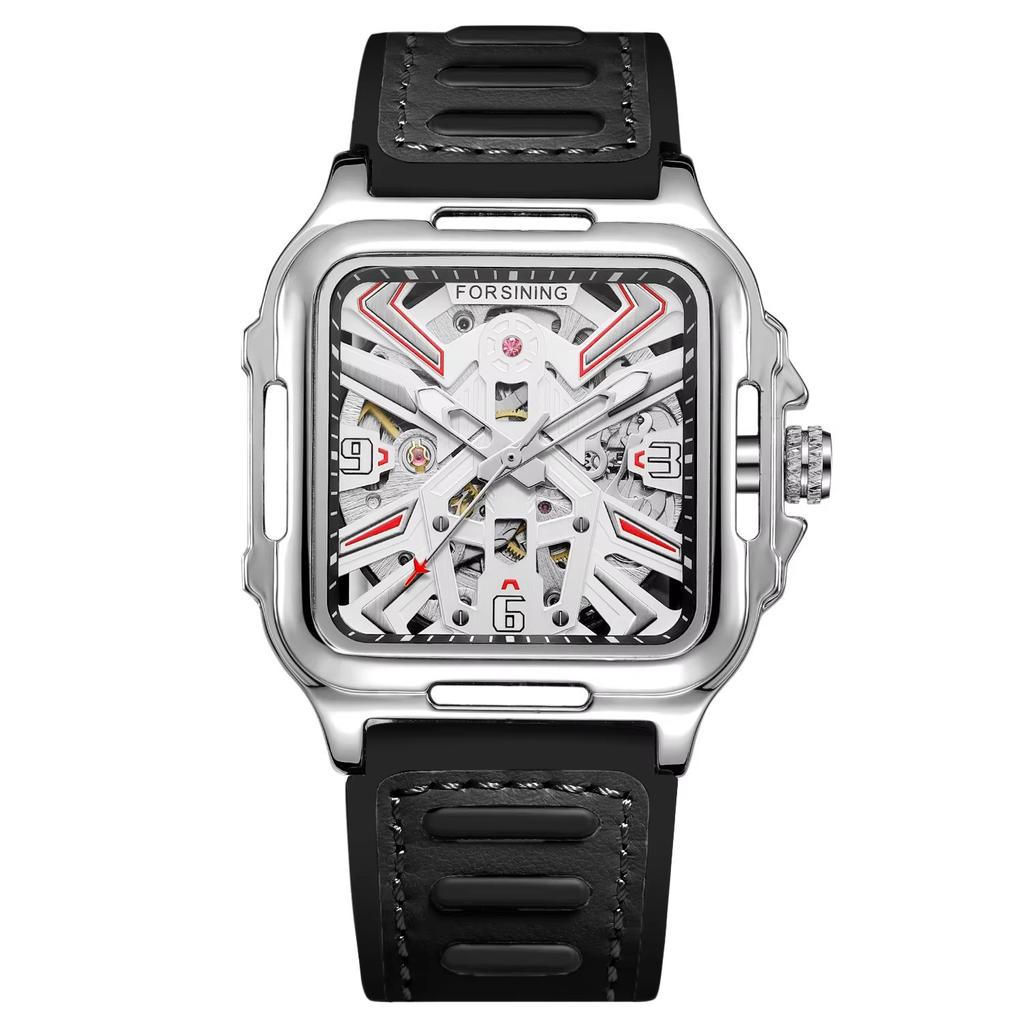 Luxury Square Transparent Skeleton Mens Watches Field Sports Rubber Band Mechanical Watch Luminous Waterproof Reloj Hombre 2024