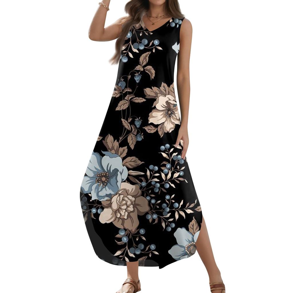 Женский 2024 летний повседневный свободный сарафан длинное платье с цветочным принтом без рукавов с v-образным вырезом и разрезом футболка платья макси