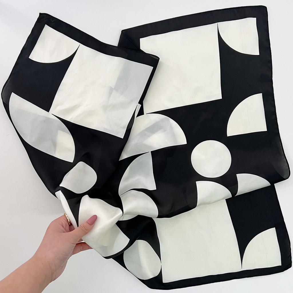 1116 new geometric black and white silk scarf women's autumn high-end small square scarf temperament fashionable versatile scarf for elders