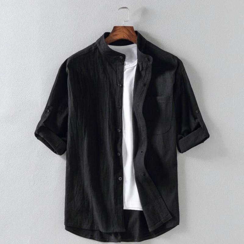 Весна и лето, воротник-стойка, пятиточечный рукав, модная мужская рубашка с короткими рукавами, семиточечный рукав, большой размер, мужская