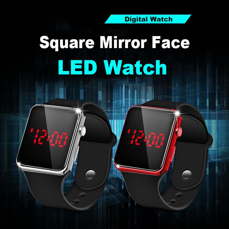 WristWatch Mirror Face Digital Silicone Band Sport Clock Watch Square Metal Red LED Frame Watches Accessories