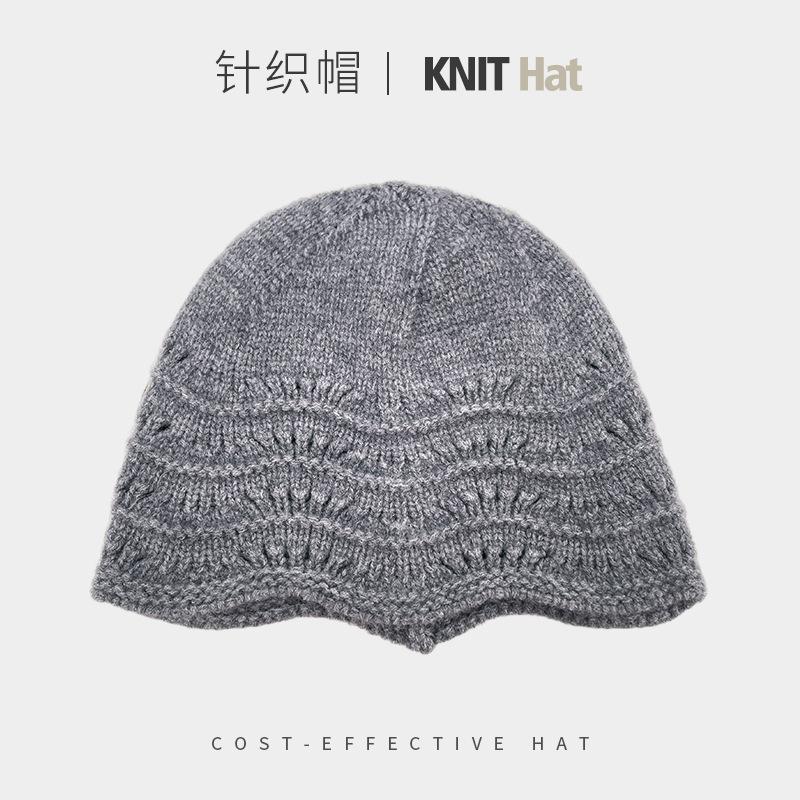 Hollow knitted hat women's autumn and winter plain lace versatile bucket hat showing small face warm ear protection cold hat