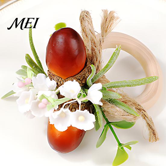 Harvest Party Supplies Artificial Rosemary Napkin Ring, Wooden Ring Holder with Faux Acorns Decorative Bands Flowers, Autumn Rustic for Farmhouse