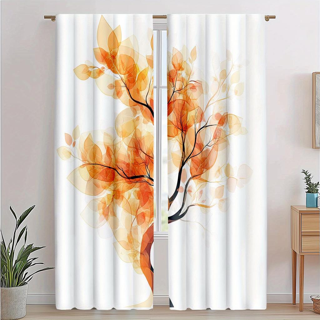 2Pc Orange Leaf Print Curtains, Polyester Fabric, Machine Washable, Suitable For Living Room/Bedroom Decoration
