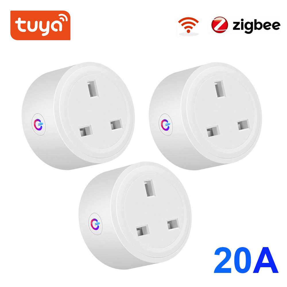 Умная розетка Tuya Zigbee 20a, британская вилка, мини-беспроводная розетка с мониторингом энергии, работает с Alexa Google Home и приложением Smart Life
