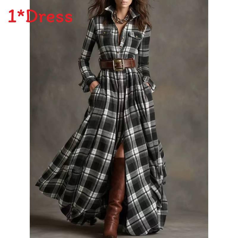 Vintage Plaid Long Sleeve Dress With Pockets For Autumn Fashion Enthusiasts